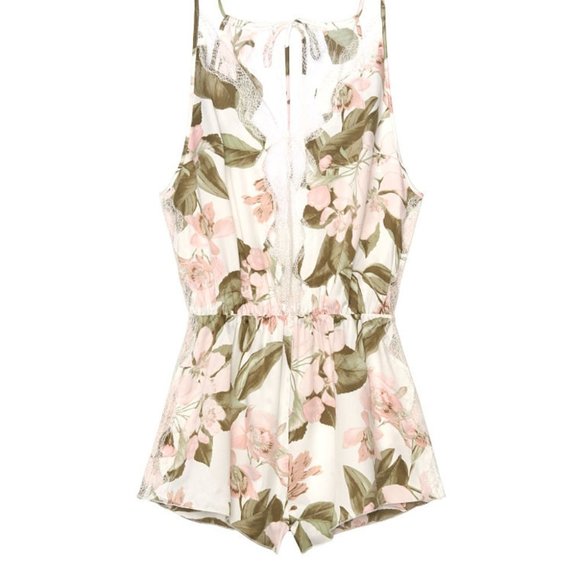 Green Floral Satin Romper Teddy Lace Trim Satin